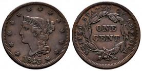 United States. 1 cent. 1843. (Km-67). 10,69 g. Choice VF. Est...70,00. 

Spanish Description: Estados Unidos. 1 cent. 1843. (Km-67). Cu-Ni. 10,69 g....