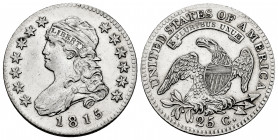 United States. 25 cents. 1815. Philadelphia. Ag. Capped bust. Cleaned. XF. Est...120,00. 

Spanish Description: Estados Unidos. 25 céntimos. 1815. P...