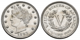 United States. 5 cents. 1833. (Km-111). 5,00 g. Without cent. Mint state. Est...150,00. 

Spanish Description: Estados Unidos. 5 cents. 1833. (Km-11...