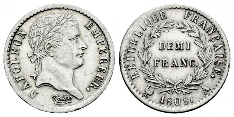 France. Napoleón I. 1/2 franc. 1808. Paris. A. (Gad-398). Ag. 2,50 g. Almost XF....