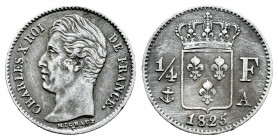 France. Charles X. 1/4 franc. 1825. Paris. A. (Gad-353). Ag. 1,22 g. Rubbed. Scarce. Choice VF. Est...150,00. 

Spanish Description: Francia. Charle...