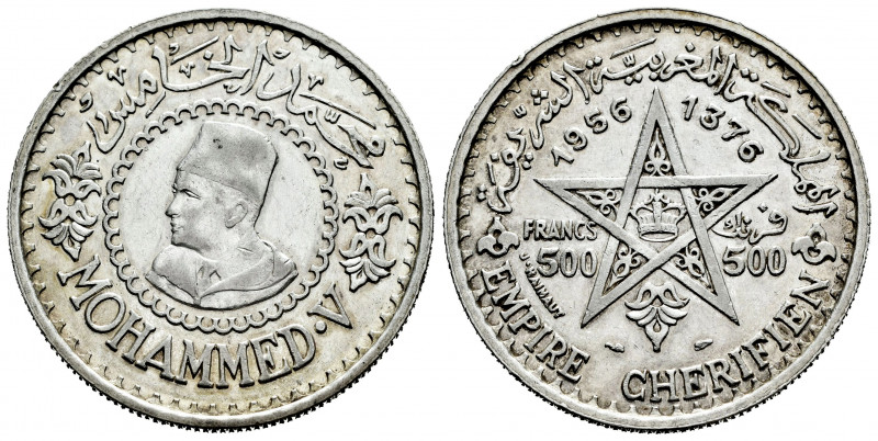 Morocoo. Mohamad V. 500 francs. 1956 (1376 H). (Km-Y54). Ag. 22,49 g. Almost XF....