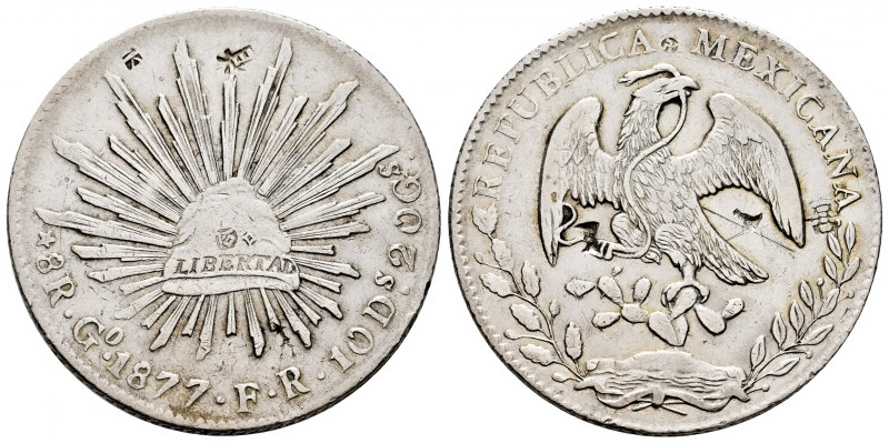 Mexico. 8 reales. 1877. Guanajuato. FR. (Km-377.8). Ag. 26,82 g. Chop marks. Scr...