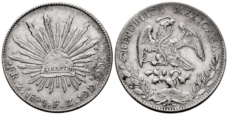 Mexico. 8 reales. 1894. Zacatecas. FZ. (Km-377.13). Ag. 26,86 g. Choice VF. Est....