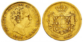Portugal. D. Pedro V (1853-1861). 2000 reis. 1857. (Km-496). Au. 3,43 g. Choice F. Est...180,00. 

Spanish Description: Portugal. D. Pedro V (1853-1...
