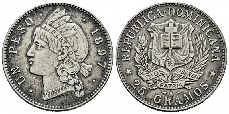 Central America Republic. 1 peso. 1897. Paris. A. (Km-16). Ag. 24,98 g. Toned. C...