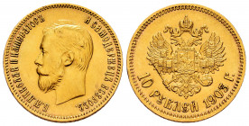 Russia. Nicholas II. 10 roubles. 1903. (Km-Y64). (Bitkin-11). Au. 8,61 g. Minor nick on edge. Hairline on reverse. A good sample. AU. Est...650,00. 
...