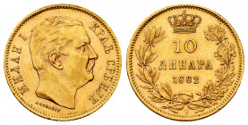 Serbia. Milan Obrenovich IV. 10 dinara. 1882. Wien. V. (Km-16). (Fried-5). Au. 3,23 g. Minor nicks on edge. Choice VF. Est...200,00. 

Spanish Descr...