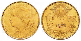 Switzerland. 10 francs. 1922. Bern. B. (Km-36). (Fried-504). Au. 3,22 g. Almost MS. Est...180,00. 

Spanish Description: Suiza. 10 francs. 1922. Ber...