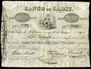 4.000 reales de vellon. 1860. Banco de Cádiz. I emisión. (Ed-75). Bends. Choice VF. Est...250,00. 

Spanish Description: 4.000 reales de vellón. 186...