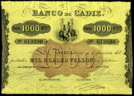 1.000 reales de vellon. (1863). Banco de Cádiz. III emisión. (Ed-81). Sello en seco. Almost XF. Est...200,00. 

Spanish Description: 1.000 reales de...