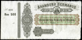 500 reales de vellon. 18.... Cadiz. Aramburu Hermanos. (Ed). With matrix. AU. Est...100,00. 

Spanish Description: 500 reales de vellón. 18.... Cádi...