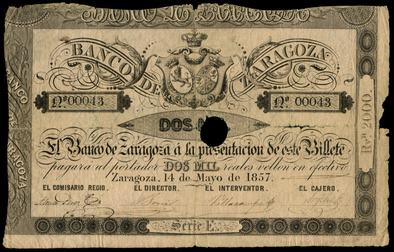 2.000 reales de vellon. 1857. Banco de Zaragoza. (Ed-130A). 14th May. With centr...