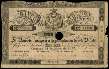 2.000 reales de vellon. 1857. Banco de Zaragoza. (Ed-130A). 14th May. With central perforation and signatures. Almost VF. Est...100,00. 

Spanish De...