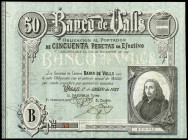 50 pesetas. 1922. Banco de Valls. (Fr y Ja-unlisted). January 1, Banco de Valls bearer bond. Series B. Without matrix, signed and stamped interest pay...