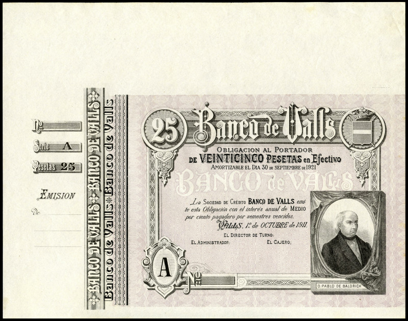 25 pesetas. 1911. Banco de Valls. (Ruiz y Alentorn unlisted). October 1, D. Pabl...