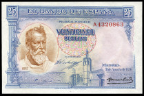 25 pesetas. 1936. Madrid. (Ed-367a). August 31, Joaquin Sorolla. Mint state. Est...250,00. 

Spanish Description: 25 pesetas. 1936. Madrid. (Ed-367a...