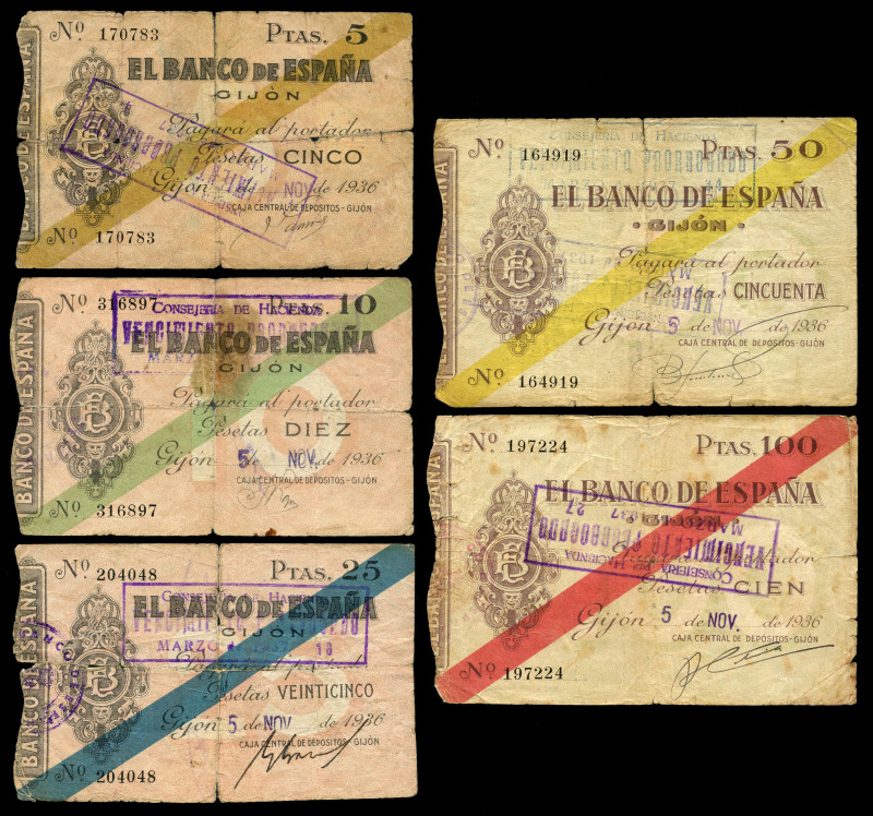 Serie completa de la emisión de 1936 del Banco de España en Gijón. 5, 10, 25, 50...