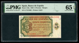 5 pesetas. 1938. Burgos. (Ed-435b). August 10, by Giesecke and Devrient. Serie L. Rare. Slabbed by PMG as 65 EPQ (Gem Uncirculated). Est...200,00. 
...