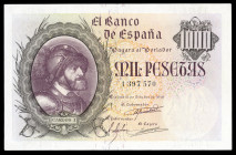 1.000 pesetas. 1940. Madrid. (Ed-445). October 21, Charles I of Spain. Without serie. Slight central bend. XF. Est...600,00. 

Spanish Description: ...