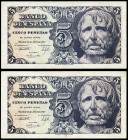 5 pesetas. 1947. Madrid. (Ed-454a). April 12, Seneca's head. Serie A. Correlative pair. AU. Est...100,00. 

Spanish Description: 5 pesetas. 1947. Ma...