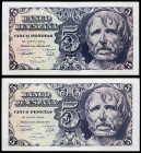 5 pesetas. 1947. Madrid. (Ed-954a). April 12, Seneca's head. Serie B. Correlative pair. AU. Est...80,00. 

Spanish Description: 5 pesetas. 1947. Mad...