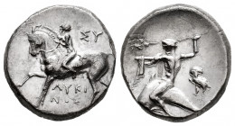 Calabria. Tarentum. Nomos. 272-240 BC. Struck under the magistrates Lykinos and Sy... (HN III 1025). (Vlasto-836-41). Anv.: Horseman advancing to left...