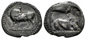 Lucania. Sybaris. 1/3 Stater (1/3 Nomos). 550-510 BC. (HN Italy-1736). Anv.: Bull standing left, head right; VM in exergue. Rev.: Incuse bull standing...