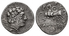 Ikalkusken. Denarius. 120-20 BC. Iniesta (Cuenca). (Abh-unlisted). (Acip-unlisted). (C-unlisted). Anv.: Male head right. Rev.: Horseman left, holding ...