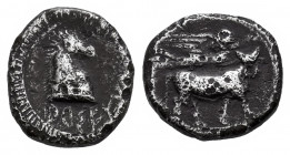 Arse-Saguntum. Hemidrachm. 300-200 BC. Sagunto (Valencia). (Abh-2041). (Acip-1936). Anv.: Cabeza de caballo a derecha, delante leyenda ARSEETA(RKITERT...
