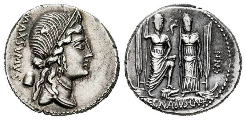 Egnatius. Cn. Egnatius Cn. f. Cn. n. Maxsumus. Denarius. 75 BC. Auxiliary mint o...