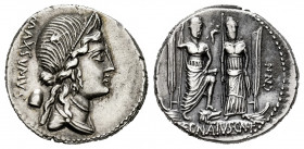 Egnatius. Cn. Egnatius Cn. f. Cn. n. Maxsumus. Denarius. 75 BC. Auxiliary mint of Rome. (Ffc-688). (Craw-391/3). (Cal-563). Anv.: Diademed bust of Lib...