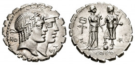 Fufius. Q. Fufius Calenus y Mucius Cordus. Denarius. 70 BC. (Ffc-725). (Craw-403/1). (Cal-595). Anv.: KALENI below jugate heads of Honos and Virtus, t...
