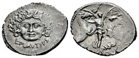 Plautius. L. Plautius Plancus. Denarius. 47 BC. Rome. (Ffc-1003). (Craw-453/1a). (Cal-1131). Anv.: Mask of Medusa, facing, hair dishevelled, with setp...