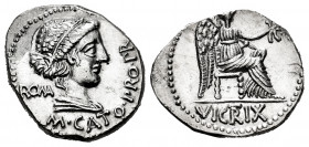 Porcius. M. Porcius Cato. Denarius. 47-46 BC. Africa. (Ffc-1061). (Craw-462/1a). (Cal-1206). Anv.: Female bust draped right, more drapery, head bound ...