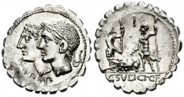 Sulpicius. C. Sulpicius C.f. Denarius. 106 BC. Rome. (Ffc-1133). (Craw-312/1a). (Cal-1288). Anv.: Laureate heads of the Dei Penates conjoined left, D....