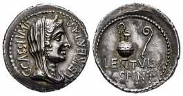 Cassius. P. Cornelius Lentulus Spinther. Denarius. 43-42 BC. Asia Minor. (Ffc-3). (Craw-500/5). (Cal-417). Anv.: C. CASSI. IMP. LEIBERTAS., veiled and...