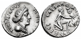 Augustus. P. Petronius Turpilianus. Denarius. 19 BC. Rome. (Ffc-304). (Ric-288). (Cal-1080). Anv.: TVRPILIANVS III. VIR. radiate bust of Feronia drape...