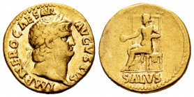 Nero. Aureus. 66-67 AD. Rome. (Ric-I 66). (Bmcre-94). Anv.: IMP NERO CAESAR AVGVSTVS, laureate head to right. Rev.: Salus enthroned to left, holding p...