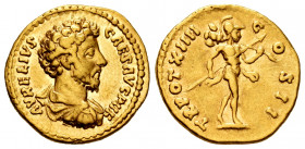 Marcus Aurelius. Aureus. 159-160 AD. Rome. (Ric-481c). (Calicó-1976). Anv.: AVRELIVS CAESAR AVG P II F, bare headed, draped and cuirassed bust right. ...