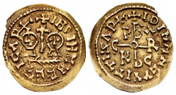 Egica and Witiza (698-702). Tremissis. Córdoba. (Cnv-560.3). Anv.: ✠ INDINMNEEGICAP✚. Rev.: ✠ IDINMNEVVITTIZAP✚. Anagrama de Córdoba. Au. 0,99 g. Rare...