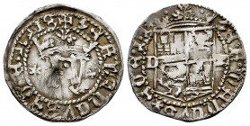 Catholic Kings (1474-1504). 1/2 real. Cuenca. (Cal-203 var). Ag. Before the Pragmatica. Six-pointed star on each side of the crowned initials. D-quatr...