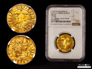 Catholic Kings (1474-1504). Double excelente. Sevilla. (Cal-733). (Tauler-193, plate coin). Anv.: X: FERNANDVS: ET: ELISABET: DE:. Rev.: SVB: VMBRA: A...