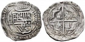 Philip II (1556-1598). 8 reales. 1590. Segovia. Iº/IM. (Cal-680 var). Ag. 26,89 g. Vertical date with four digits to the right of shield. Rectified as...