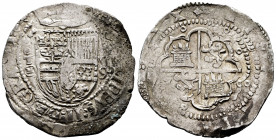 Philip II (1556-1598). 8 reales. 1590. Toledo. M. (Cal-751). Ag. 27,48 g. Date with two digits to the right of the shield. Minor deposits. Very rare. ...