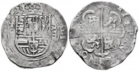 Philip II (1556-1598). 8 reales. (1598/7). Toledo. C. (Cal-Tipo 211). Ag. 27,41 g. OMNIVM type. Error in value IIIV. Inner frame on obverse. Very rare...