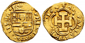 Philip IV (1621-1665). 8 escudos. 1646/5. Madrid. A/V/IB. (Cal-1922). (Tauler-31a). (Cal onza-31 var). Au. 26,89 g. A superb specimen for a cob, with ...