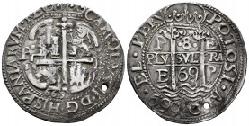 Charles II (1665-1700). 8 reales. 1669. Potosí. E. (Cal-665). (Lazaro-181, R2). Ag. 24,80 g. "Royal" type. Puncture. Very rare. Choice VF/Almost XF. E...