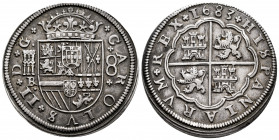 Charles II (1665-1700). 8 reales. 1683. Segovia. BR. (Cal-767). Ag. 26,11 g. Beautiful old cabinet tone. Rare. Almost XF. Est...2000,00. 

Spanish D...