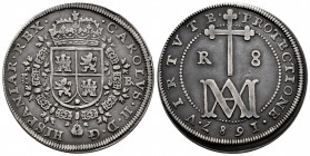 Charles II (1665-1700). 8 reales. 1687. Segovia. BR. (Cal-774). Ag. 20,77 g. "Maria" type. Value R - 8. Delicate patina. Very scarce. Choice VF. Est.....